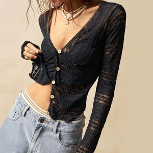 Sexy black lace long sleeve cardigan with v-neck and wooden buttons for women