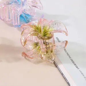 Glitter transparent 4cm resin flower hair claws with silver sequins and gradient colors