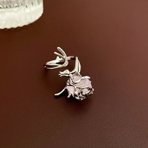 Close-up of silver ring featuring a pink rose design with intricate vine patterns