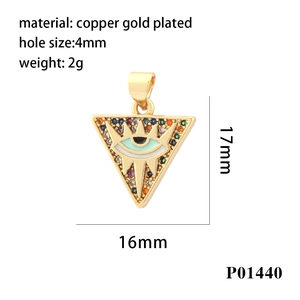 Detailed specs of the gold-plated triangle evil eye pendant with colorful cubic zirconia