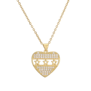 Gold-plated hollow heart pendant necklace with shimmering zircons and star patterns