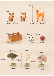 Detailed size chart for miniature deer, balls and flower trees for dollhouse decor