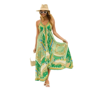 Floral print V-neck maxi dress with spaghetti straps and asymmetrical hem for vacation