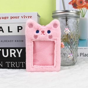 Pink plush card holder with cute cat ears and clear heart-shaped embroidery detail