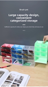 Detail of four-grid slanted desk organizer showing pink and blue plastic pen holders