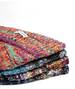 Detailed macro view showing the thick fluffy knit texture of multi-color gradient winter hats