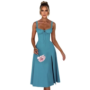 Elegant blue slim-fit spaghetti strap dress with a sweetheart neckline and high side slit