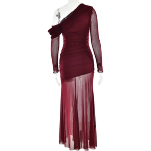 Deep red one-shoulder mesh dress featuring ruched bodice and sheer flowing skirt