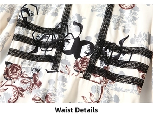 Vue détaillée de la taille avec imprimé fleuri et ruban de dentelle noire ajourée