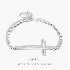 925 Sterling Silver Cross Bracelet For Women Minimalist Hammered Texture Box Chain Adjustable Bracelet Fashion Jewelry Gift