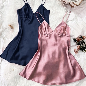 Silky satin V-neck nightdress in navy blue and dusty pink with thin straps and pleats
