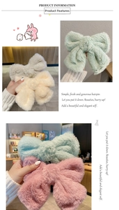 Detailed close-up showing macaron-colored plush bow hair clips in soft faux fur texture