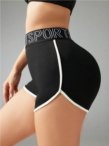 Pantaloncini sportivi neri a vita alta push-up con strisce e scritta Sport per lo yoga