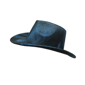 Detailed view of deep blue glitter fedora with metallic finish and wide stiff brim
