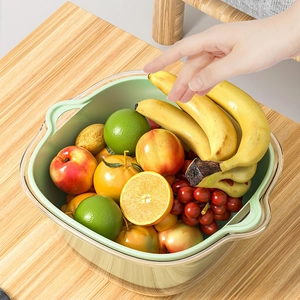Dual-layer fruit drain basket set with light green inner colander and clear plastic tray