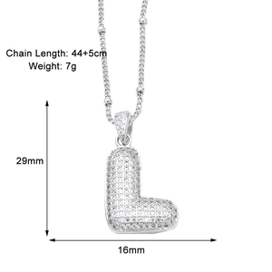 Silver letter L pendant necklace with cubic zirconia details and size specifications