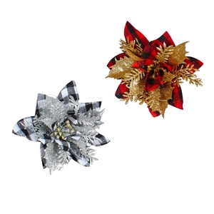 Christmas plaid artificial flowers with glitter leaves for DIY tree and garland decor