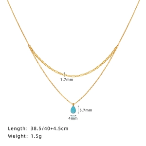 Détail du collier double rang en or avec pendentif opale bleue et dimensions de la chaîne