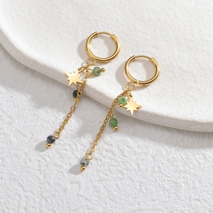 Detail of 14K gold-plated star tassel earrings with green natural stone beads and gold chains