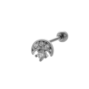 Macro detail of moon stud earring with zircons and hanging round diamond on white background