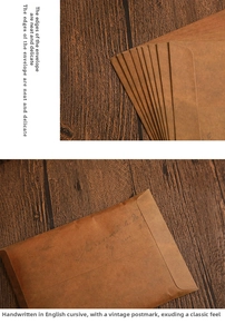Detail of vintage kraft paper envelopes with cursive script and retro postmarks on wood
