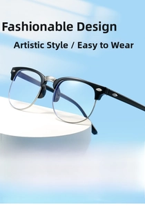 Detail of semi-rimless black and silver eyeglasses on a white minimalist display stand