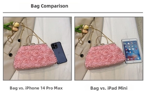 Detailed size comparison of pink rose evening bag with iPhone and iPad mini