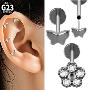 Boucles Oreilles Labret Papillon Fleur Zircon Titane G23 Push In Flat Back Bijoux Piercing Cartilage Femmes