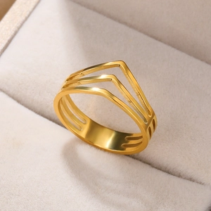 Three-layer 18k gold plated stainless steel V-shaped geometric ring in a jewelry box