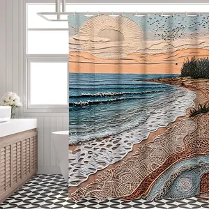 Abstract beach sunset shower curtain with 3D wave oil painting style in 180x180cm size