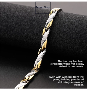 Macro detail of 7mm dragon scale textured steel bracelet with gold and silver links