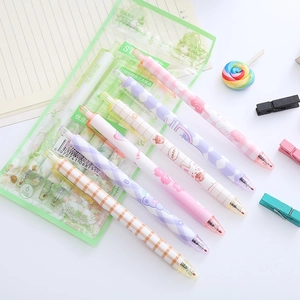 Set of 6 macaron-colored retractable gel pens with cute floral and rabbit designs