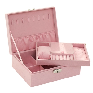 Pink velvet jewelry organizer box with double-layer storage and metal lock