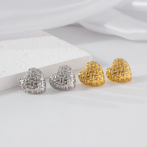Stainless Steel Heart Stud Earrings For Women Pave Rhinestone Weaving Texture Gold Silver Earrings Fashion Jewelry