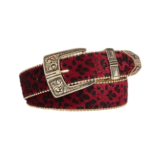 Vintage red leopard print belt with faux fur texture and golden carved metal buckle
