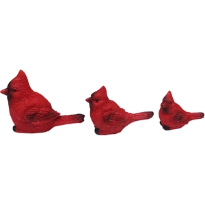 Set of three red cardinal bird resin figurines with realistic feather texture details