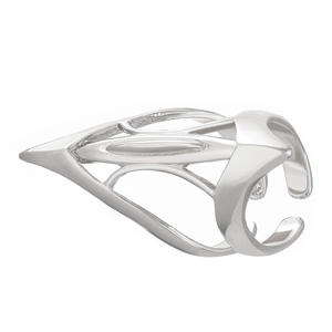 Macro detail of silver punk claw ring featuring intricate hollow geometric design