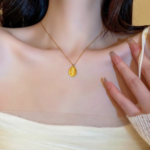 French vintage titanium steel gold oval necklace with delicate rose flower pendant