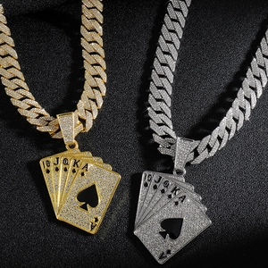 Hip Hop Poker Royal Flush Spades Pendant Necklace Iced Out Alloy Rhinestone Cuban Link Chain Jewelry For Men Women