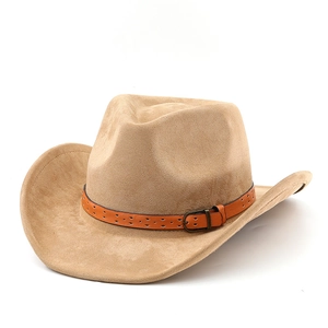 Classic camel faux suede western cowboy hat with studded leather band and bronze buckle