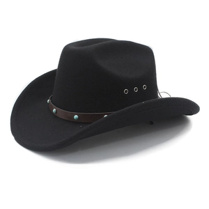 Classic black felt western cowboy hat with brown leather band and turquoise beads