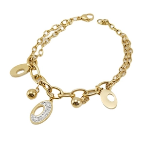 Double-layered 18K gold stainless steel bracelet with oval charms and clear crystals