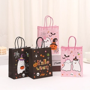 Halloween Gift Bags Kraft Paper Handbags Cartoon Pumpkin Ghost Print Holiday Treat Candy Wrapping Portable With Handle