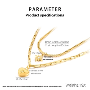 Detail view of gold stainless steel double layer necklace with star and heart pendants