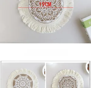Detail view of 19cm bohemian jute placemat with cotton fringe and lace pattern
