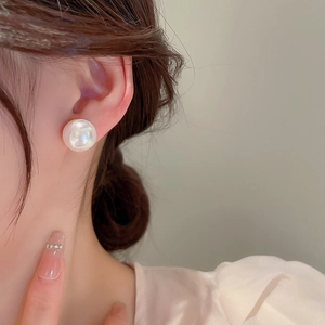 Elegant large white round faux pearl stud earrings for women with silver needle post