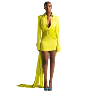 Neon yellow long sleeve dress with deep V-neck, mesh panels, and long chiffon train