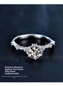 Macro view of flower-shaped 925 sterling silver ring with a 1-carat moissanite stone