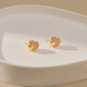 Elegant 18K gold-plated double heart stud earrings with cubic zirconia and polished finish