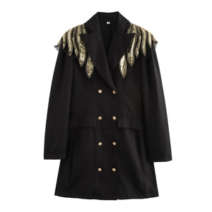 Women Blazer Mini Dress Long Sleeve Double Breasted Gold Sequin Wing Beaded Slim Fit Commuter Elegant Evening Party Wear